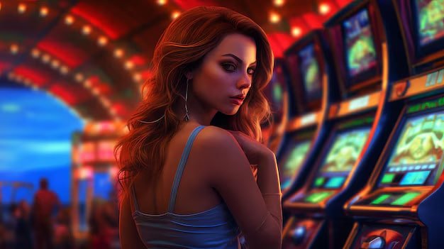 Live casino dealer engaging players and colorful online slot machines screen